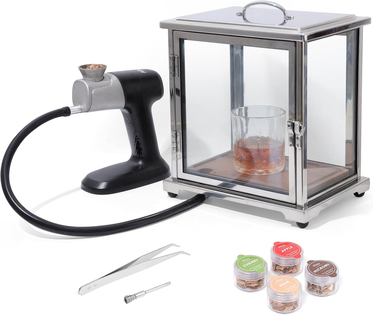 Stainless Steel and Glass Smoking Box with Handheld Smoker (Without Torch), 9.5 x 9.5 x 10.8 Inch
