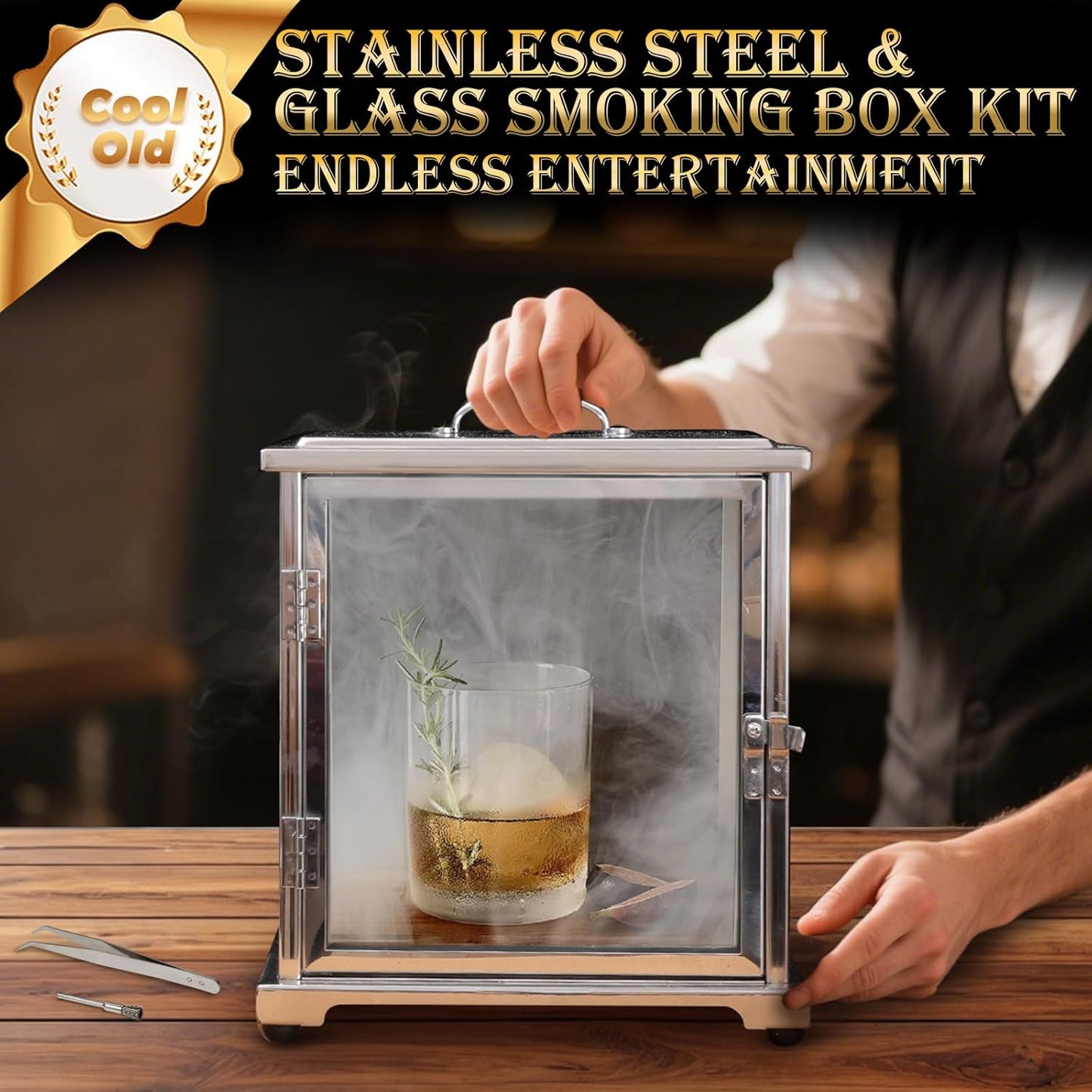 Stainless Steel and Glass Smoking Box with Handheld Smoker (Without Torch), 9.5 x 9.5 x 10.8 Inch