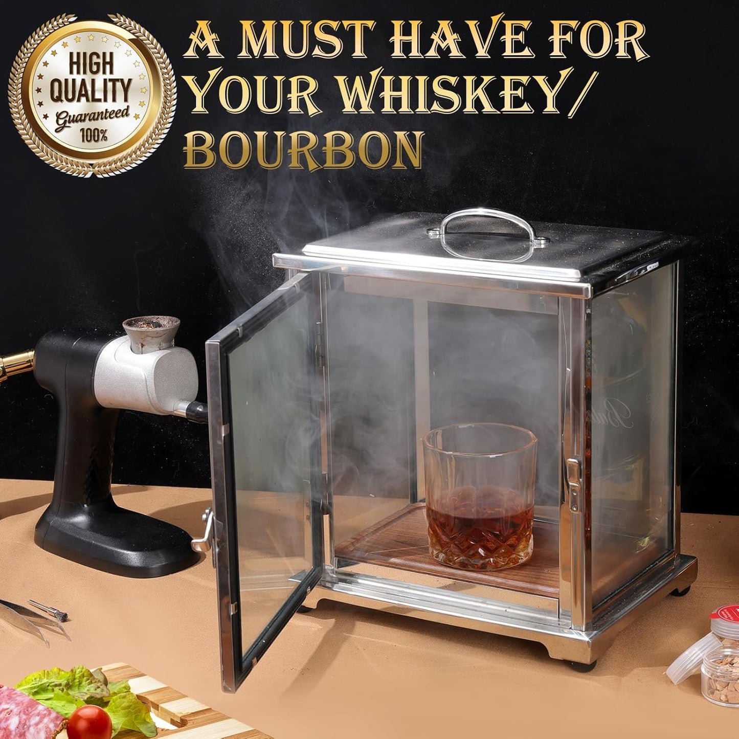 Stainless Steel and Glass Smoking Box with Handheld Smoker (Without Torch), 9.5 x 9.5 x 10.8 Inch