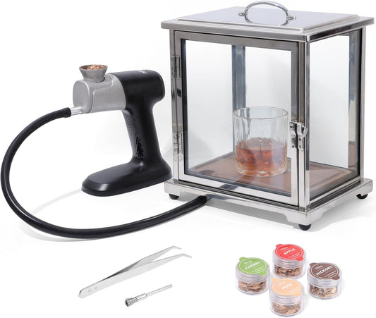 Stainless Steel and Glass Smoking Box with Handheld Smoker (Without Torch), 9.5 x 9.5 x 10.8 Inch