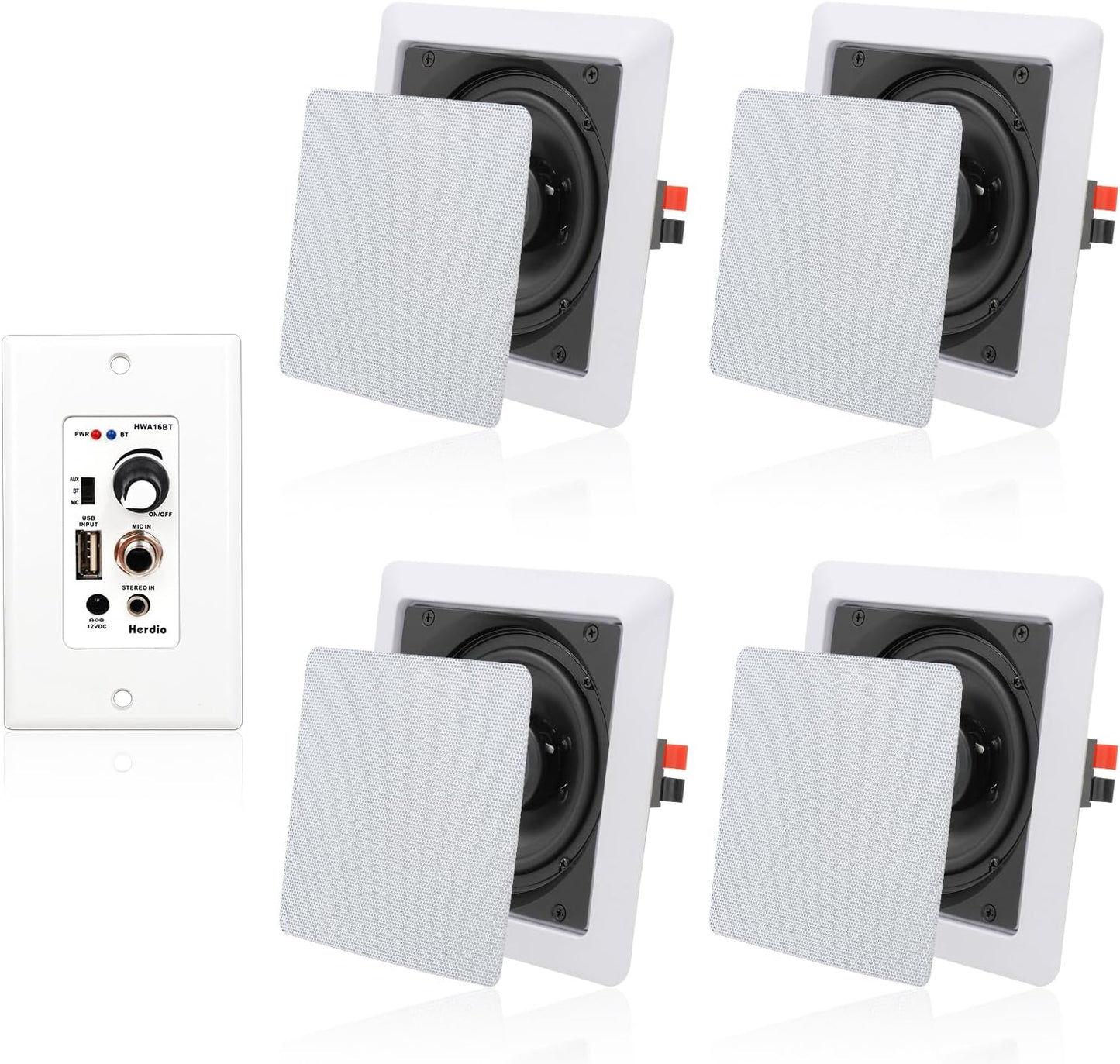 2-Way Bluetooth 5.25' Ceiling Speakers with 4 Channel Wall Amplifier, 320W Square in Wall Speaker System
