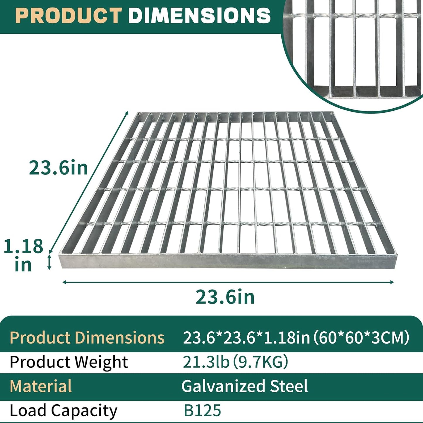 Outdoor Drain Cover: 23.6inX23.6in Steel Grates for Driveway, B125 Class Channel Grate