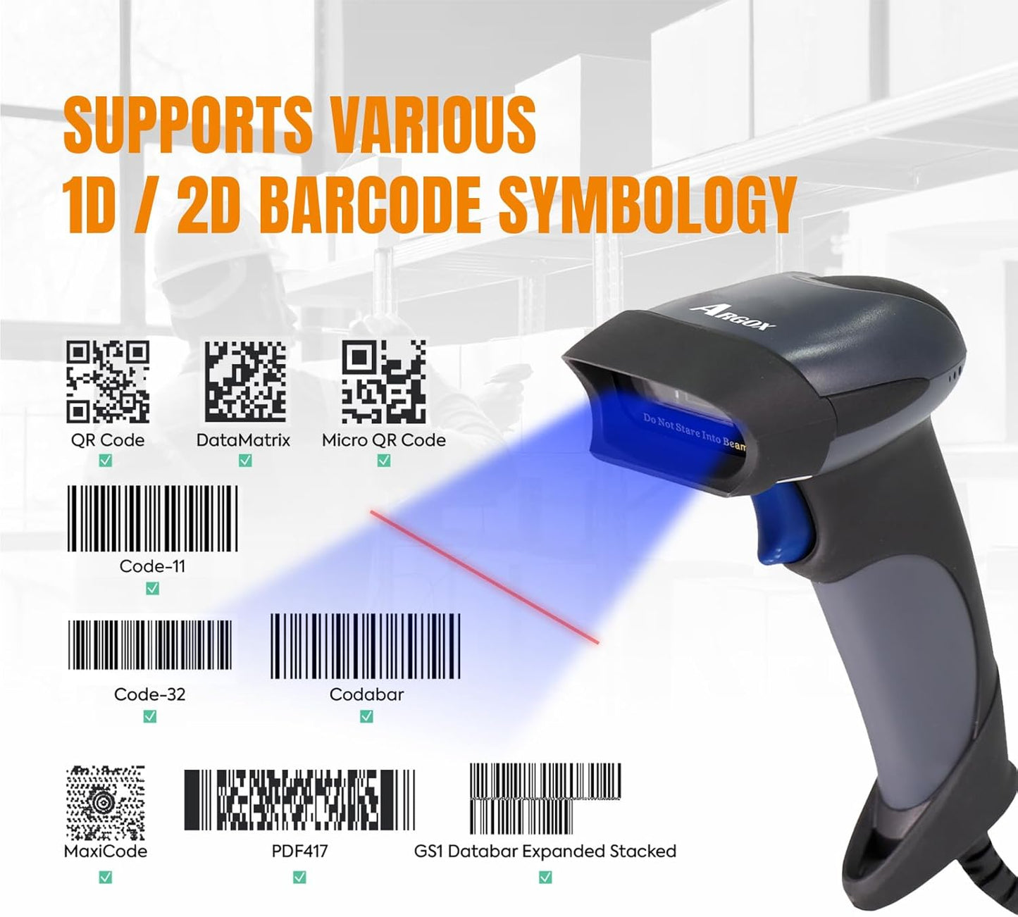 Argox Wired Barcode Scanner 1D &amp; 2DUSB Handheld QR Code Reader Gun for Inventory, Retail, Office, LibraryPlug &amp; Play Auto-SensingUPC PDF417 Da
