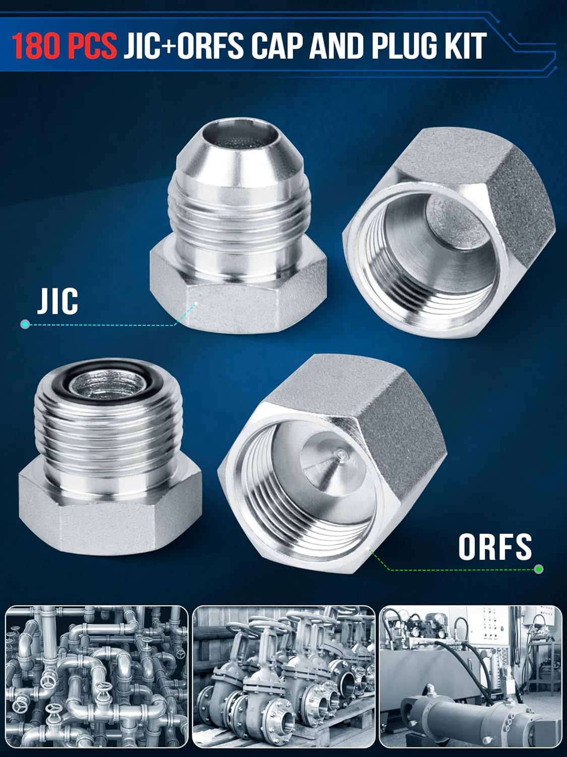GOMJET 180 PC JIC and ORFS Master Industrial Hydraulic Cap and Plug Hose Tube and Pipe Fitting Kit Cap and Plug Kit Precision Threading in ORFS and