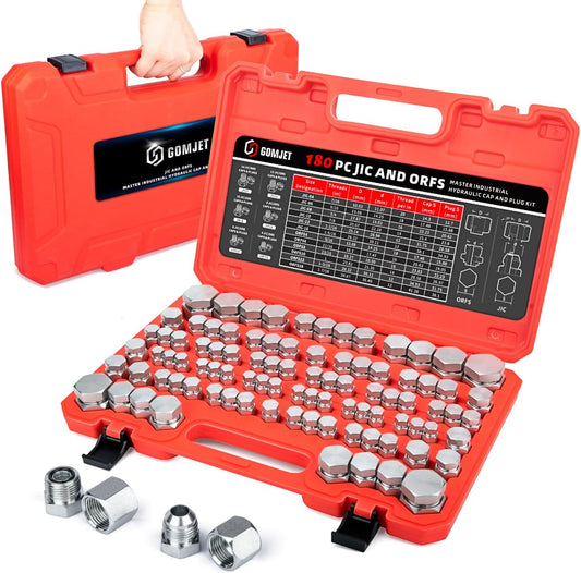 GOMJET 180 PC JIC and ORFS Master Industrial Hydraulic Cap and Plug Hose Tube and Pipe Fitting Kit Cap and Plug Kit Precision Threading in ORFS and
