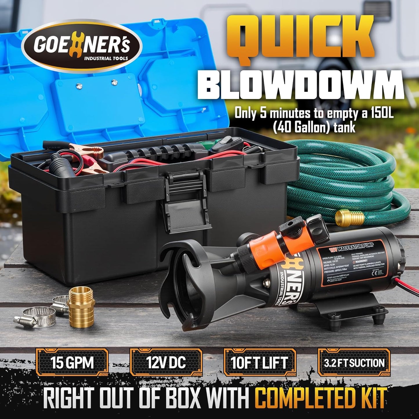 12V RV Portable Macerator Pump with Box, Waste Pump for Sewage, 12GPM Suction 3.2 feet Lift 10 feet