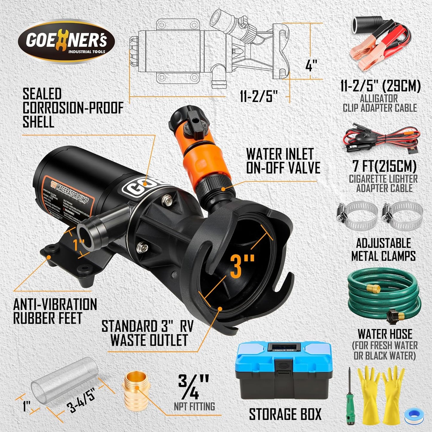 12V RV Portable Macerator Pump with Box, Waste Pump for Sewage, 12GPM Suction 3.2 feet Lift 10 feet