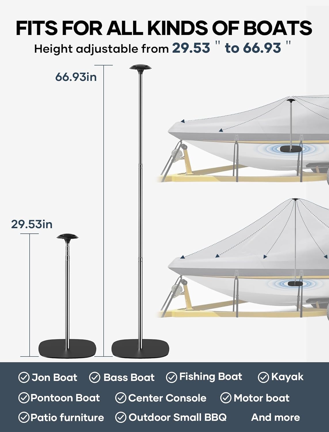 Boat Cover Support Poles 3 PK Support Systems, Height Adjustable 304 Stainless Steel with Stable Full-Touchdown