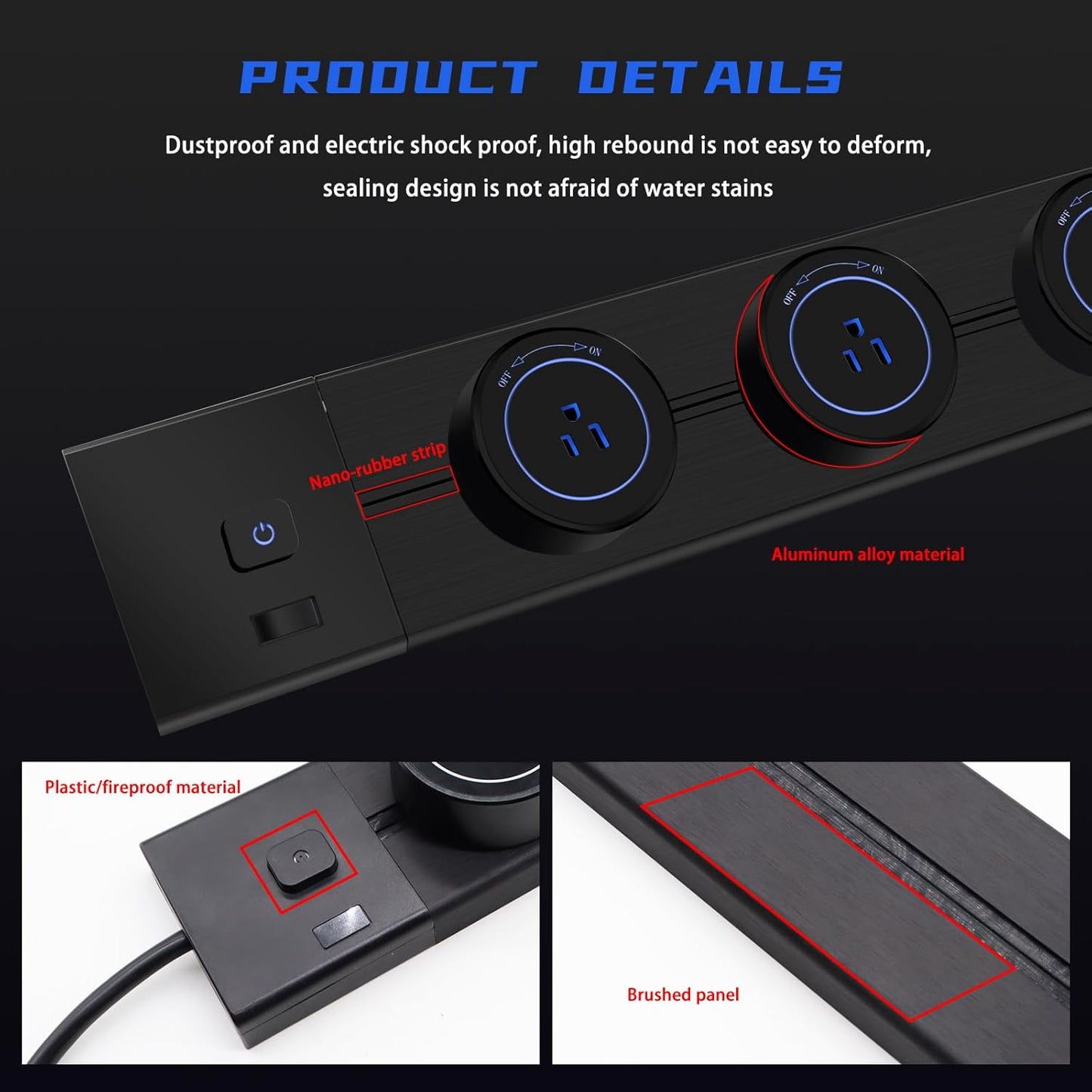 Wall Mounted Power Outlet Strip, Power Strip with Switch Control, 19.68 inch Track Outlet with 4 AC Outlet adapters