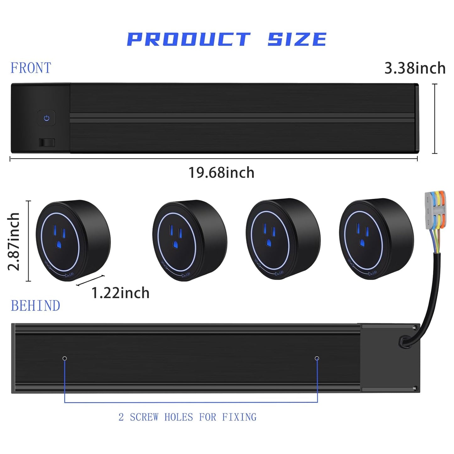 Wall Mounted Power Outlet Strip, Power Strip with Switch Control, 19.68 inch Track Outlet with 4 AC Outlet adapters