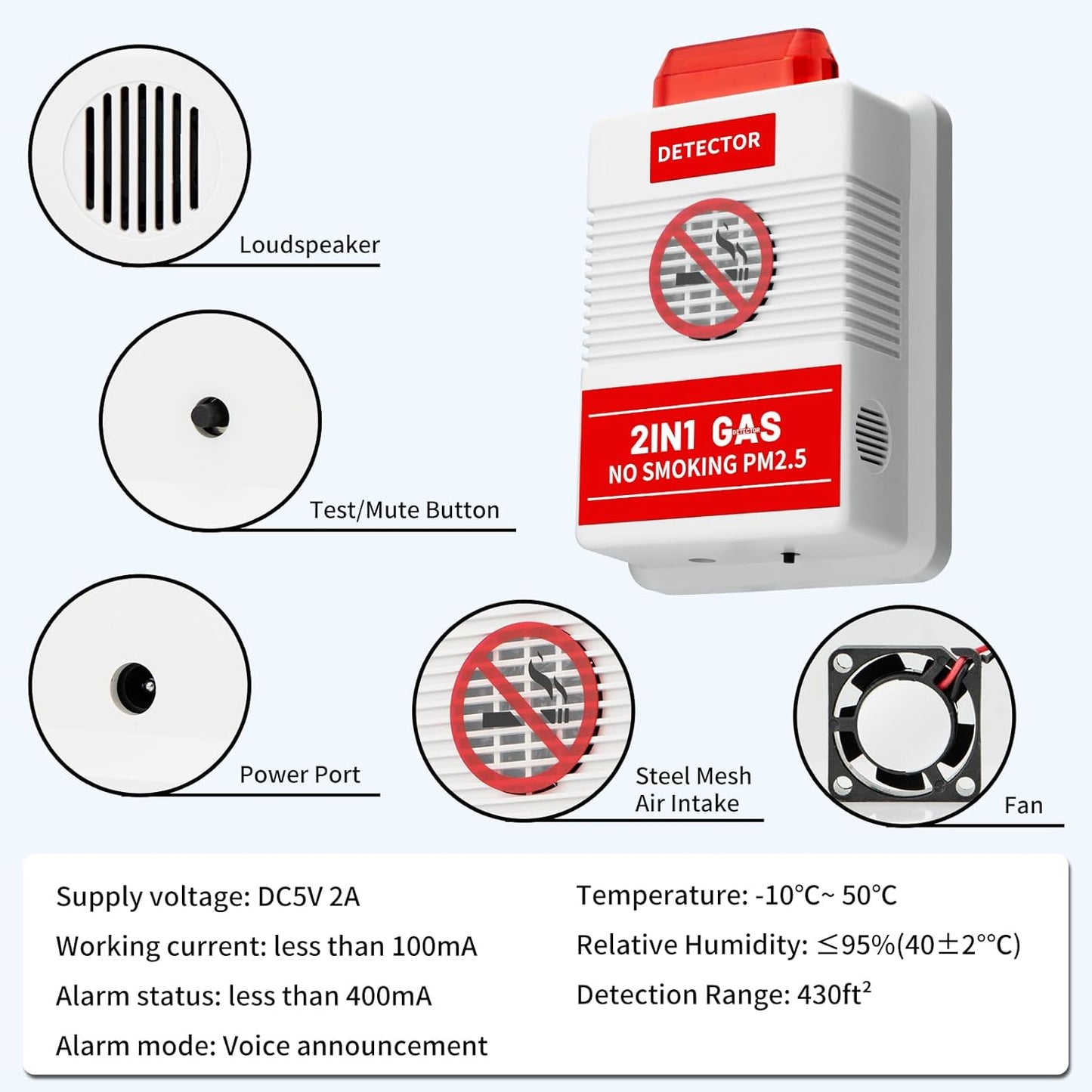 2-in-1 Smart Air Quality Monitor with Remote Control - Cigarette Smoking &amp; PM2.5 Detector for Office/Public Spaces, Voice Alert System &amp;