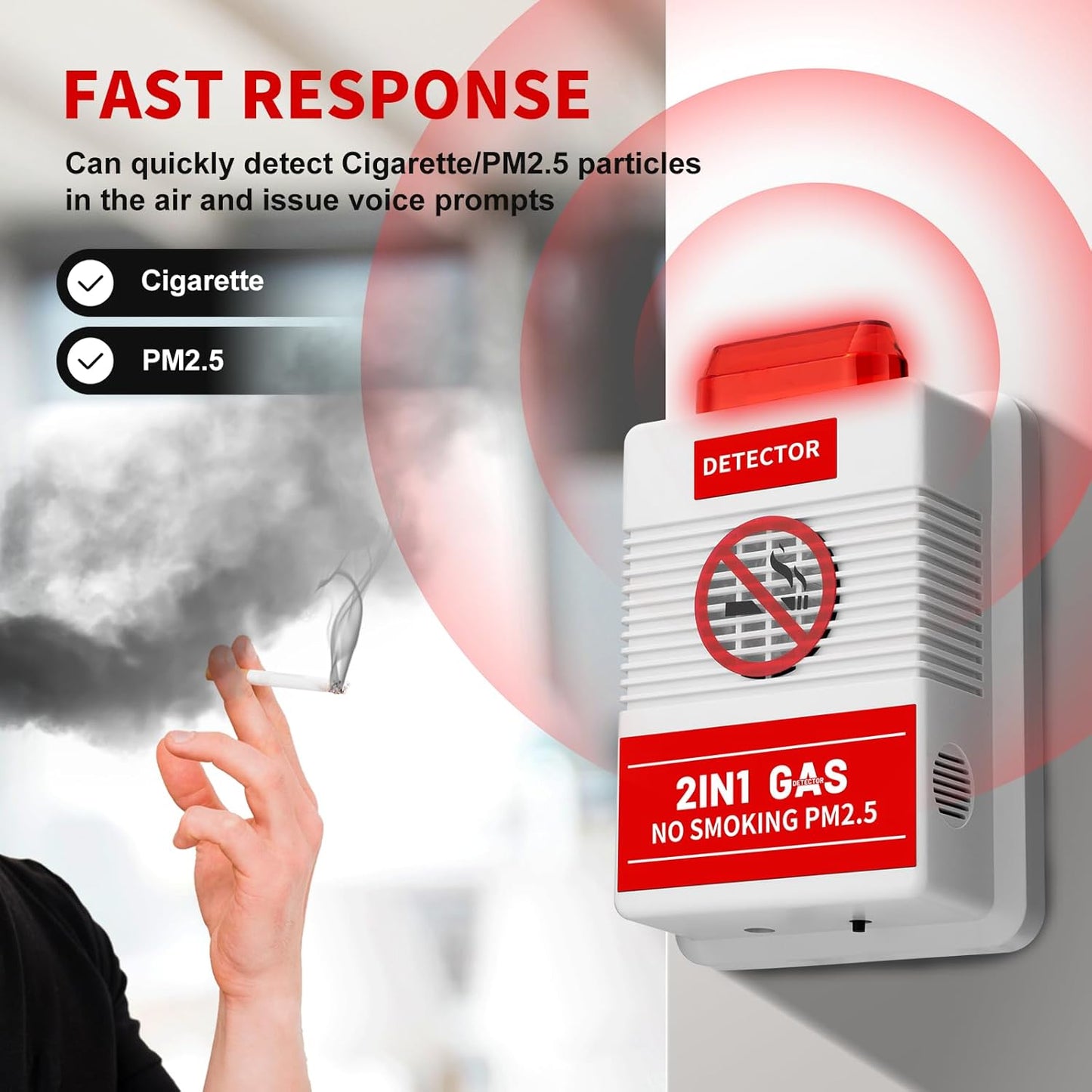 2-in-1 Smart Air Quality Monitor with Remote Control - Cigarette Smoking &amp; PM2.5 Detector for Office/Public Spaces, Voice Alert System &amp;