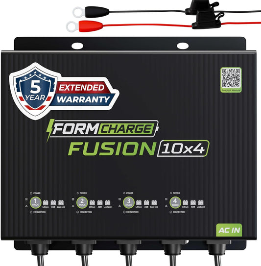 FORM Fusion 10X4 4-Bank Marine Battery Charger, 40A Total (10A per Bank), 12V Smart Onboard Boat Charger for Lithium (LiFePO4), AGM, and Deep Cycle