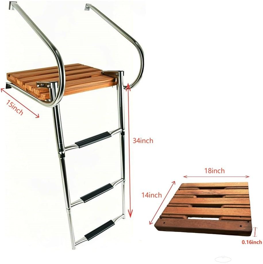 Telescoping Boat Outboard Universal Marine Teak Ladder Boat Swim Platform Under Mount Fold Down 3-Step Swim Platform for Boats Stainless Steel Ladder