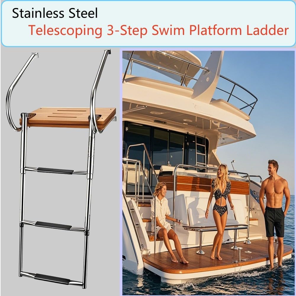Telescoping Boat Outboard Universal Marine Teak Ladder Boat Swim Platform Under Mount Fold Down 3-Step Swim Platform for Boats Stainless Steel Ladder