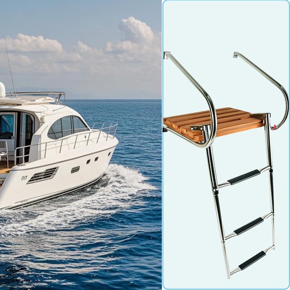 Telescoping Boat Outboard Universal Marine Teak Ladder Boat Swim Platform Under Mount Fold Down 3-Step Swim Platform for Boats Stainless Steel Ladder
