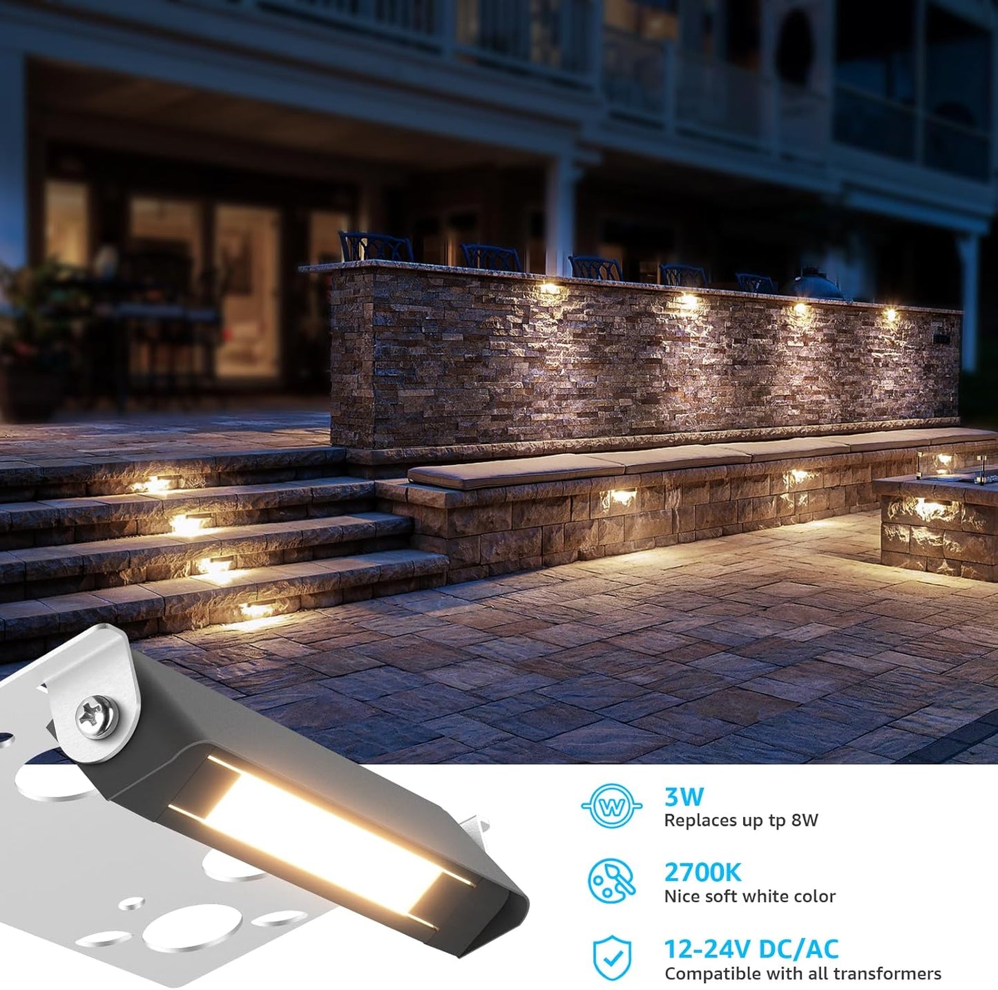 12 Pack 4 Inch Retaining Wall Lights 3W LED Hardscape Lighting 12V AC/DC Low Voltage Landscape Lights