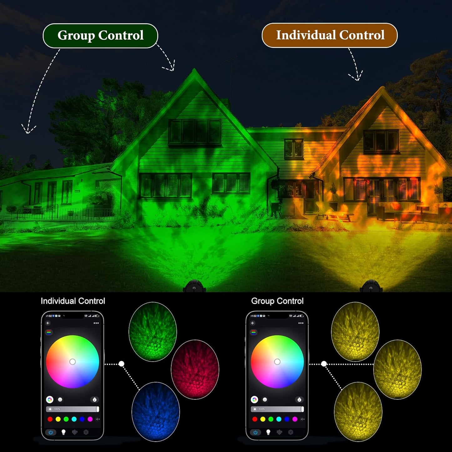 Water Wave Projector, APP/RF Control, IP65 Waterproof Smart Outdoor Lights, Dimmable, Colorful