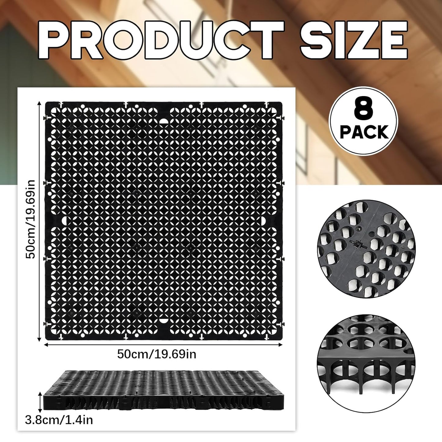 8 Pack Attic Flooring Deck, Bulk Plastic Attic Walking Deck Pallet Board Floor Storage System 19.69x19.69x1.5' Black