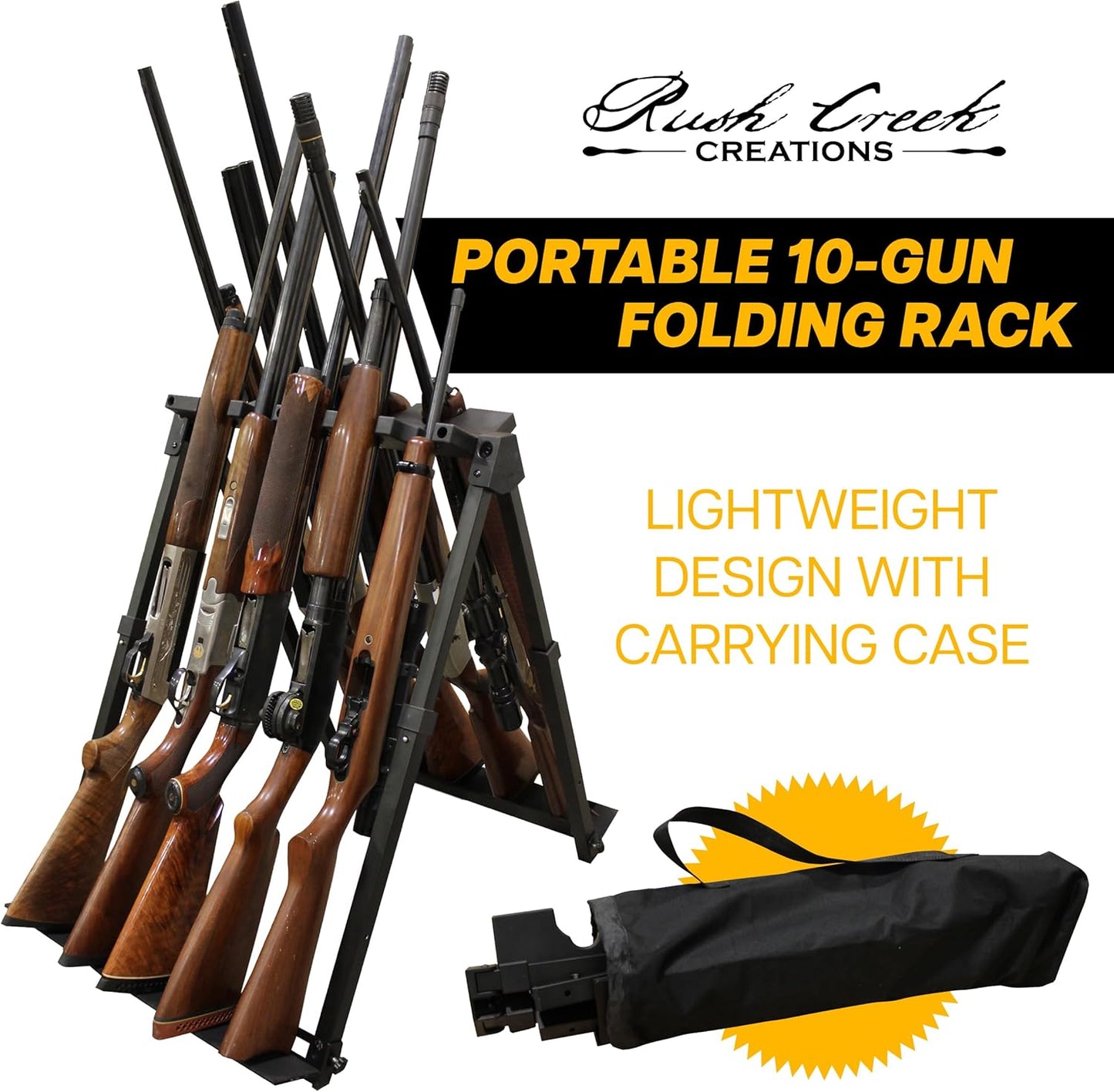 Rush Creek Creations Portable 10-Gun Rack, Lightweight Foldable Gun Stand with Carrying Case, Aluminum