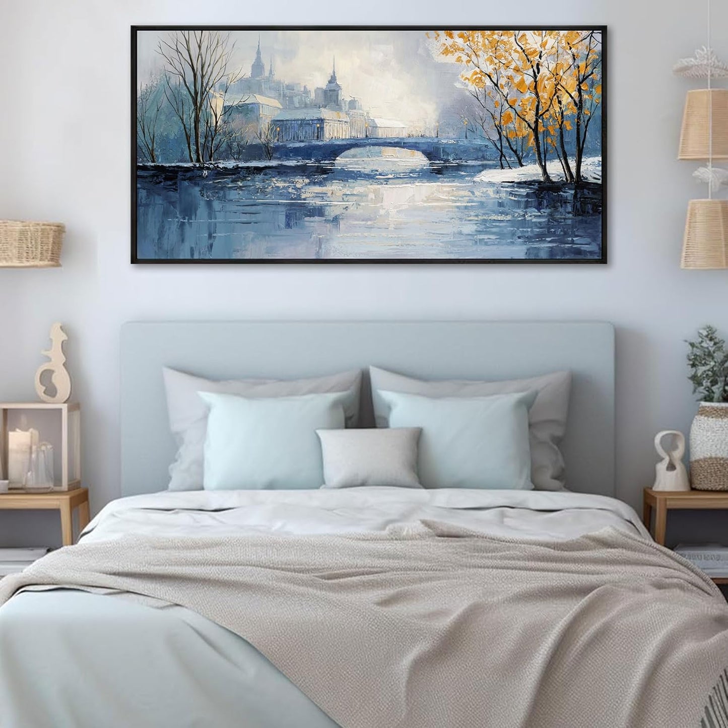 yiijeah Paintings Wall Decor - Wall Frames for Living Room Decorations Abstract Canvas Wall Art Blue and White Extra Large Artwork for Bedroom Office