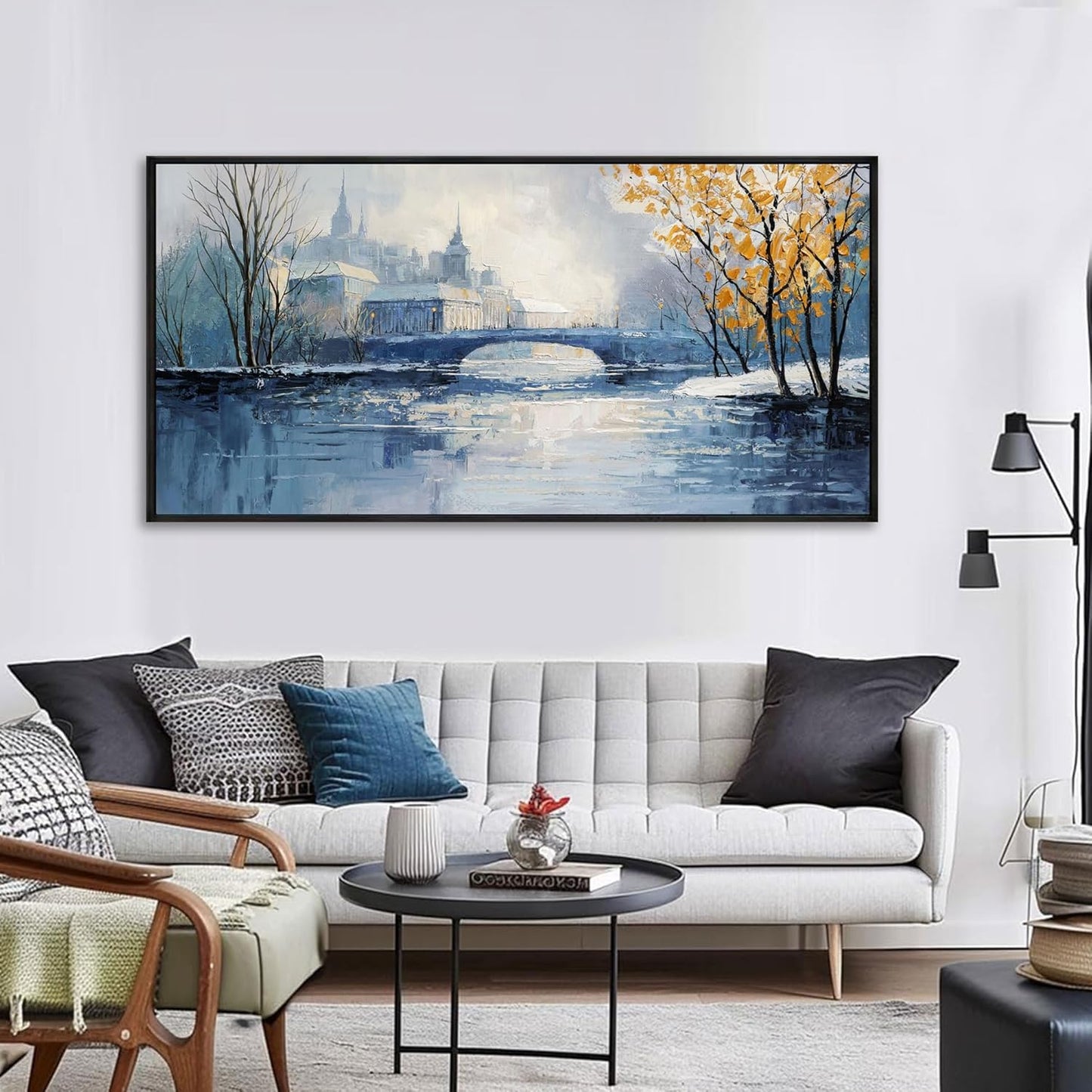 yiijeah Paintings Wall Decor - Wall Frames for Living Room Decorations Abstract Canvas Wall Art Blue and White Extra Large Artwork for Bedroom Office