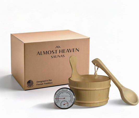 Saunas Sauna Bucket and Ladle Set with Thermometer,  Handmade in USA, Stoke Hot Rocks with Ladle, Luxury