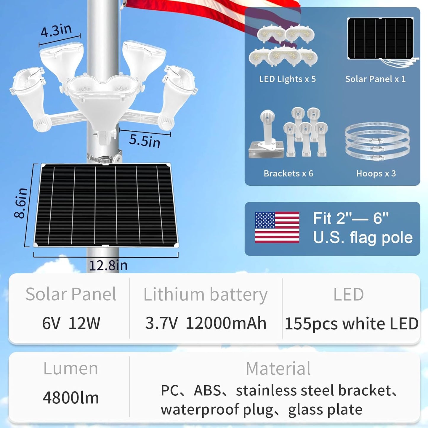 Solar Powered Flagpole Light 4800LM High Brightness, 12000mAh Battery, IP65 Waterproof Dusk to Dawn