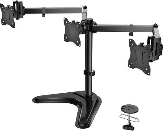 Free Standing Triple Monitor Mount, Heavy Duty for 13-27 inch Screens, Adjustable 3 Monitor Arm Desk Mount