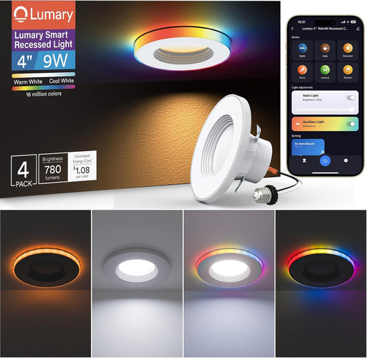 Lumary Retrofit Smart WiFi Recessed Lighting 4 Inch with Color Ring, LED RGBAI, Smarthome Compatible