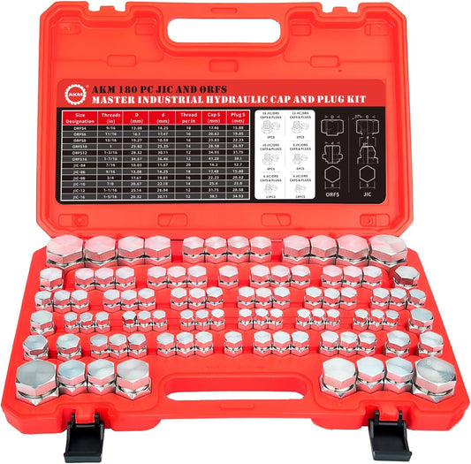 AKM 180 PC JIC and ORFS Master Industrial Hydraulic Cap and Plug Hose Tube and Pipe Fitting Kit Cap and Plug Kit Precision Threading in ORFS and 37