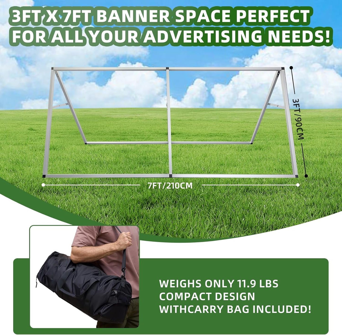 Aluminum Horizontal Banner Stand, 3 x 7ft A-frame Outdoor Holder, Lightweight and Portable, Easy Tool-Free