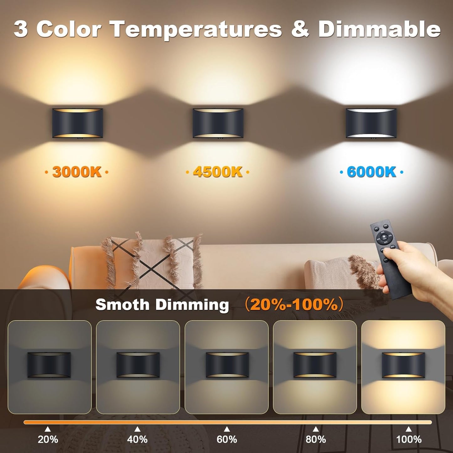 Battery Operated 4 Pack Wall Sconce with Remote Control, No Hardwired, Black, Aluminum