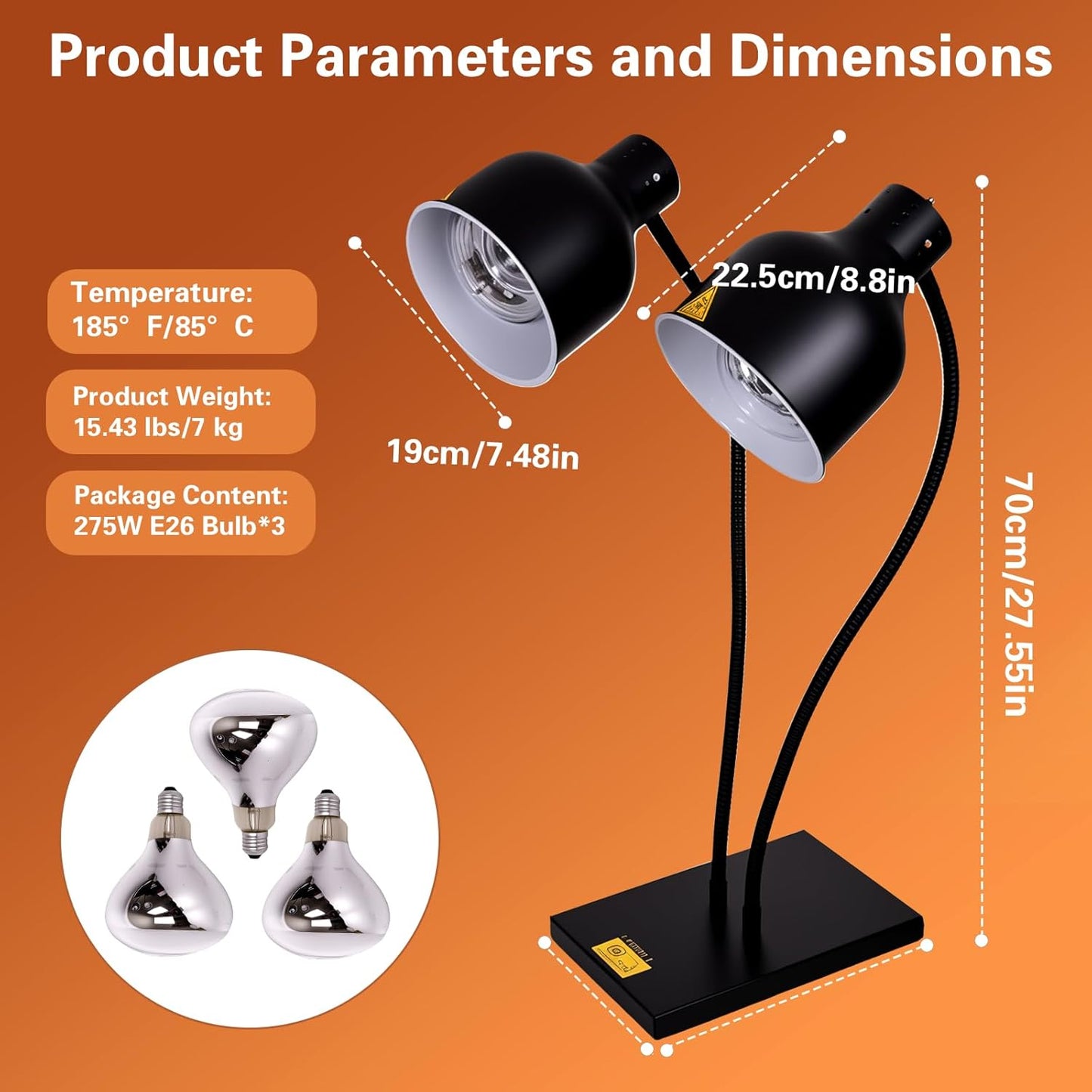 Commercial Dual Head Food Heat Lamp, Portable Electric Food Warmer 3-Bulb 550W Electric Warming Lights for Food Service