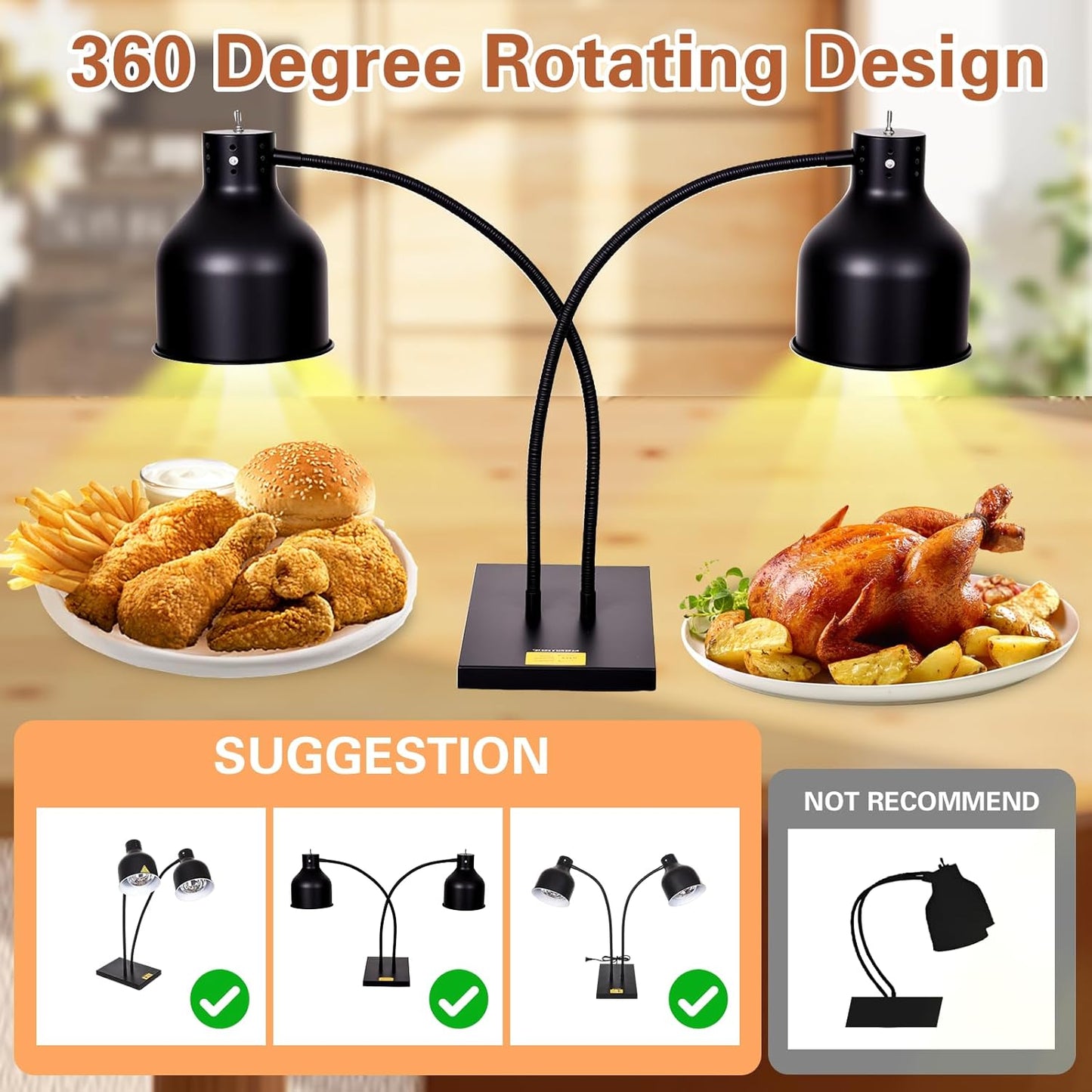 Commercial Dual Head Food Heat Lamp, Portable Electric Food Warmer 3-Bulb 550W Electric Warming Lights for Food Service