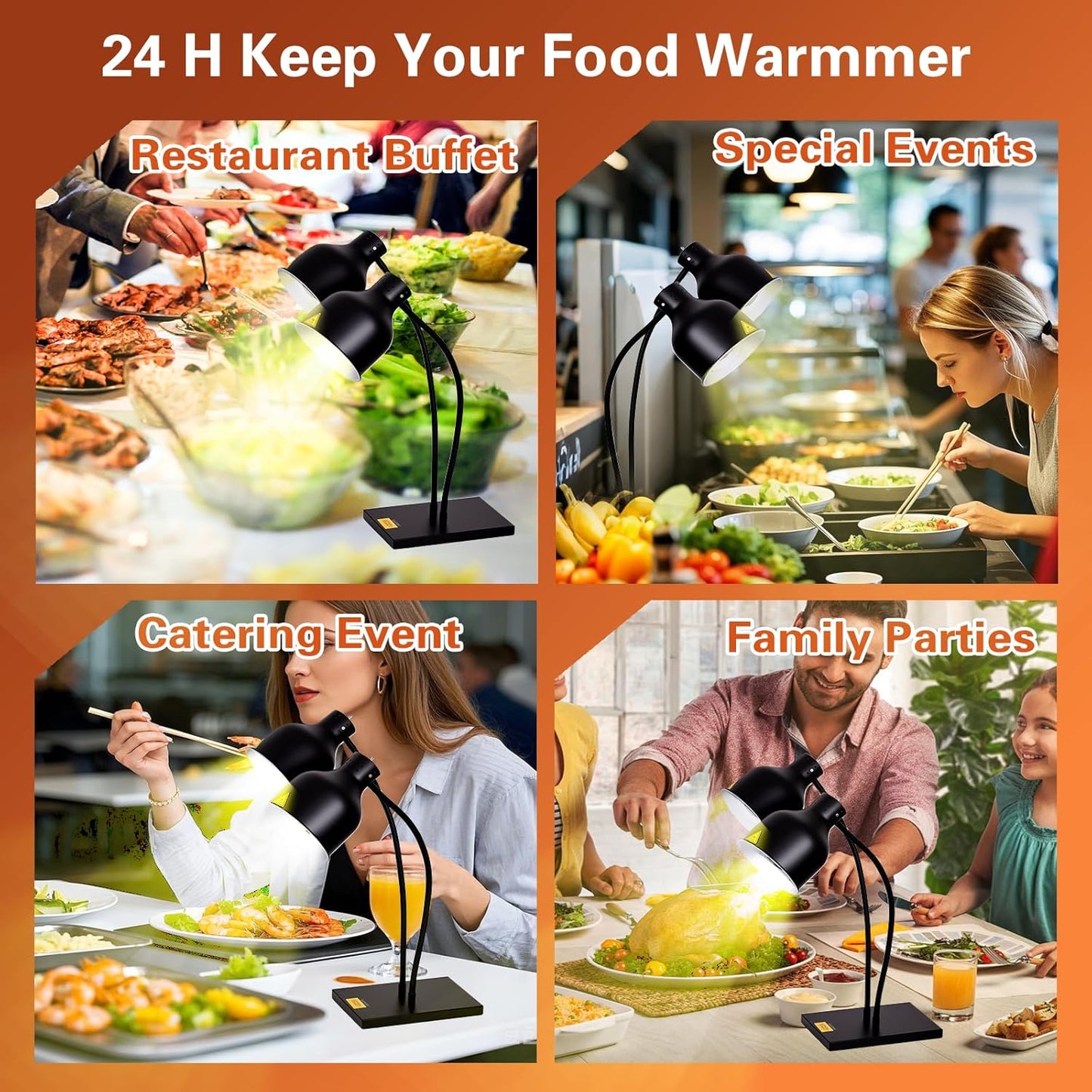 Commercial Dual Head Food Heat Lamp, Portable Electric Food Warmer 3-Bulb 550W Electric Warming Lights for Food Service