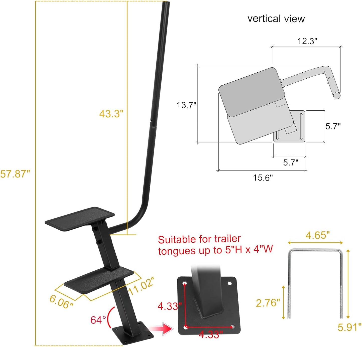 Boat Trailer Step, Heavy Duty Steel for Trailer Tongue with Handrail, 450lbs Capacity, 2-Step, Black