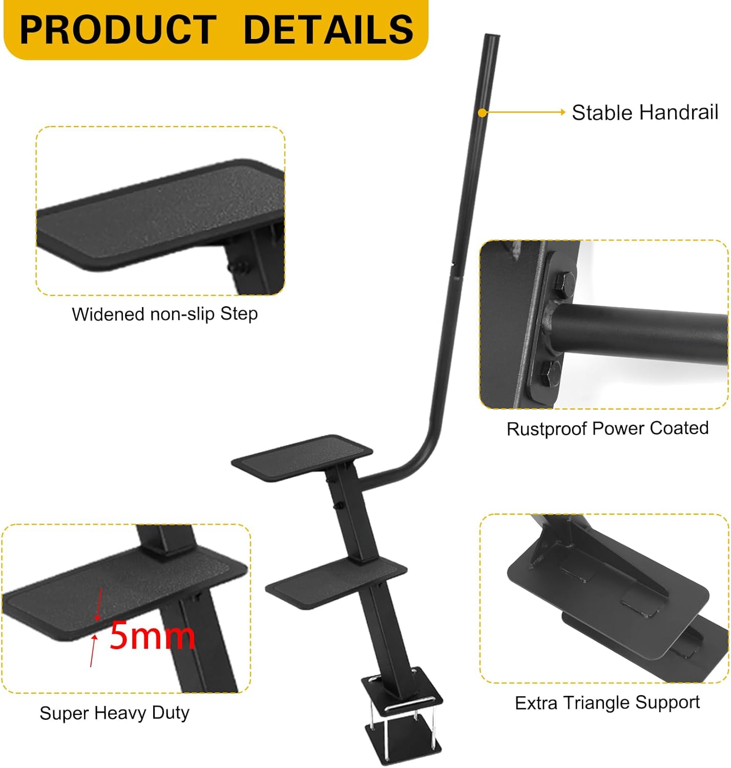 Boat Trailer Step, Heavy Duty Steel for Trailer Tongue with Handrail, 450lbs Capacity, 2-Step, Black