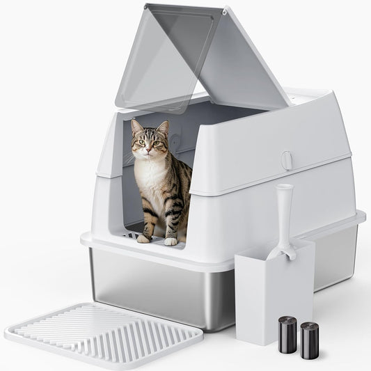 XL Stainless Steel Metal Cat Litter Box for Big Cats, Enclosed, Easy to Scoop, with Litter Scoop Set