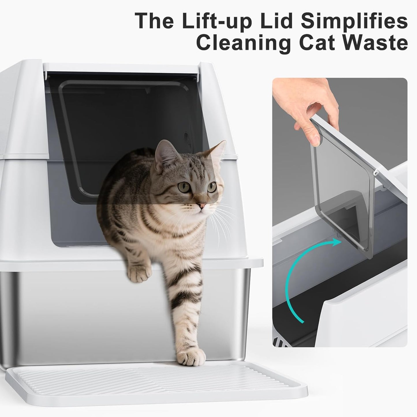 XL Stainless Steel Metal Cat Litter Box for Big Cats, Enclosed, Easy to Scoop, with Litter Scoop Set