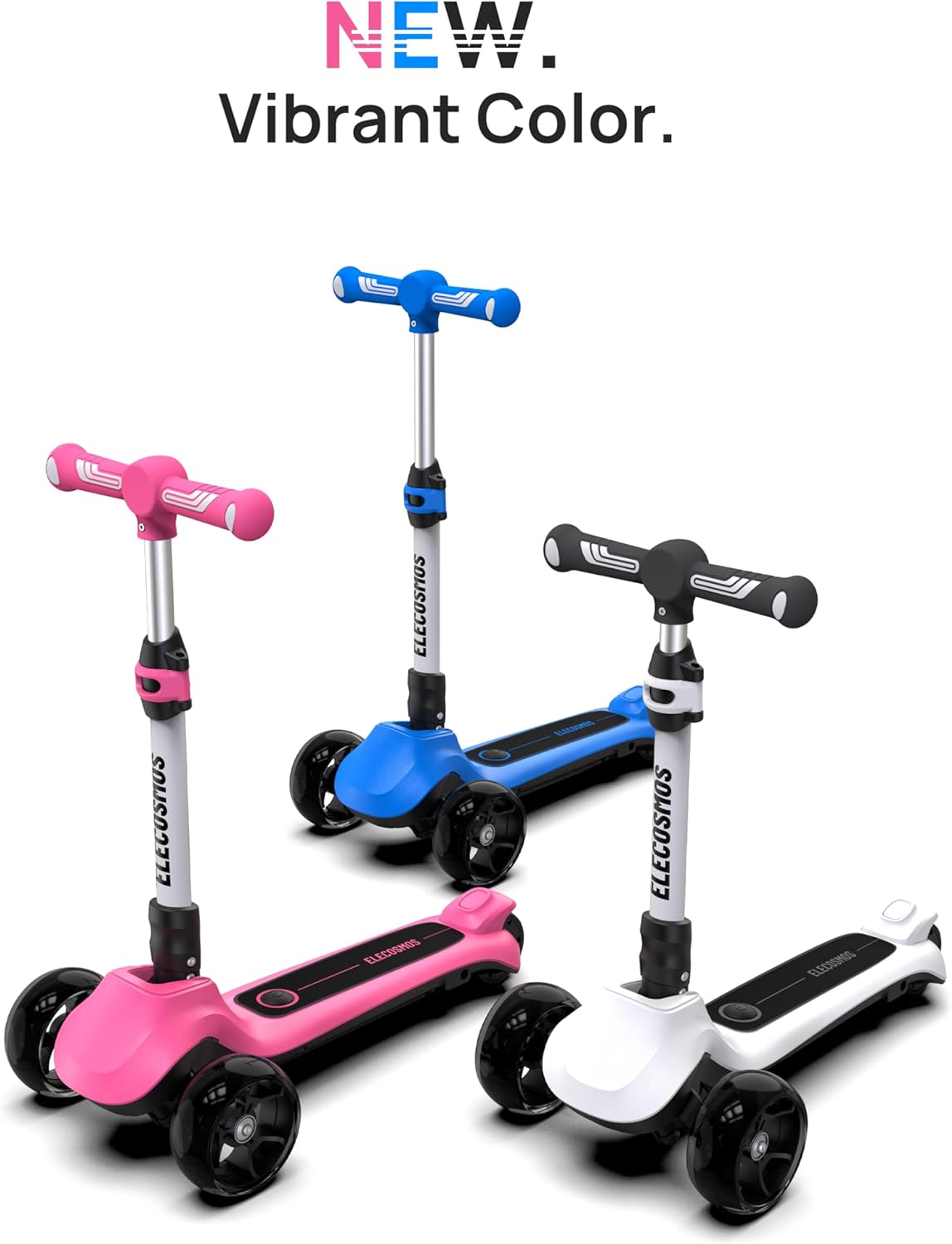 Kids Electric Scooter for Age 4-9, 3 large LED Light-Up Wheels, Wide Flashing Deck, Adjustable Height