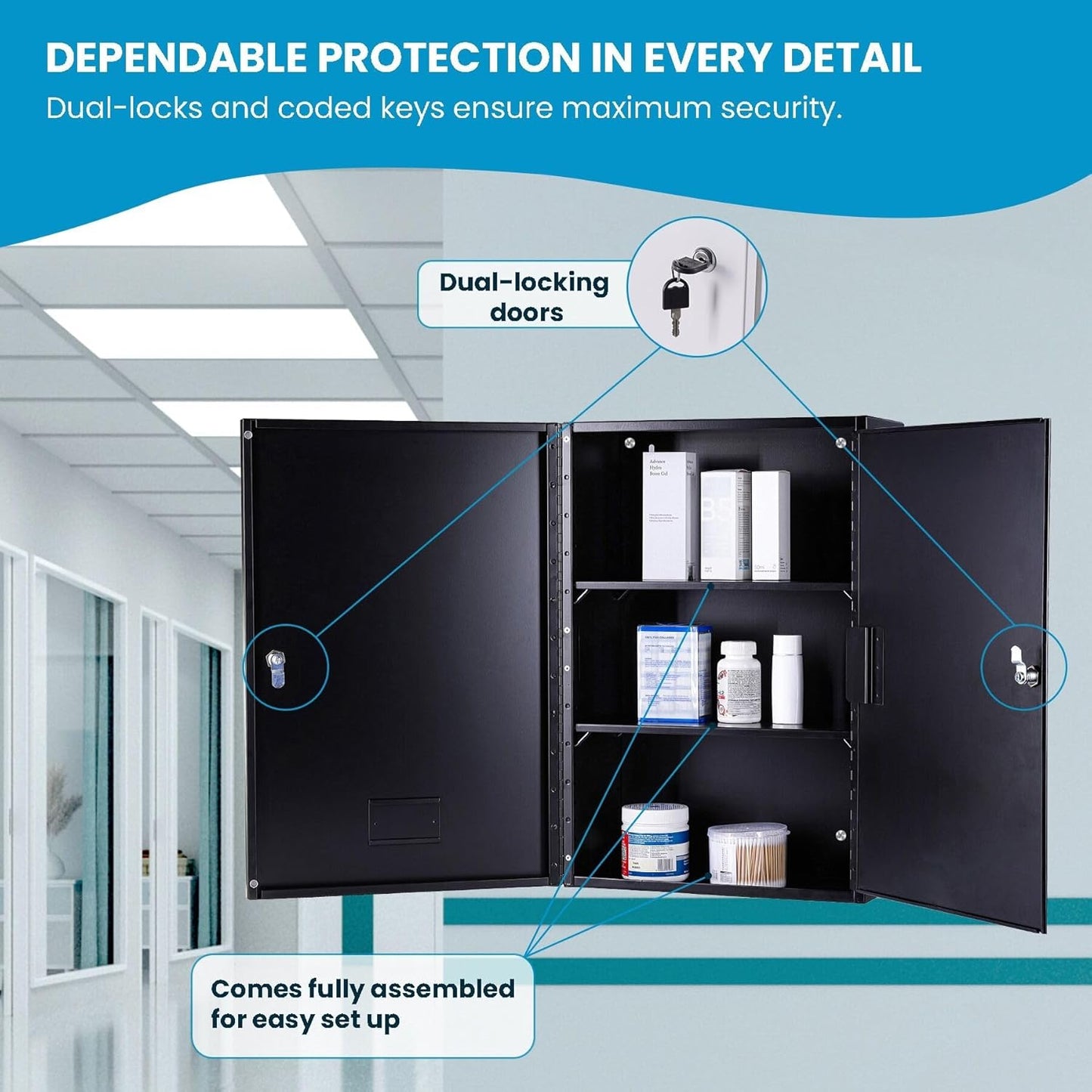 Large Black Double Door Narcotics Cabinet, Locking Medicine Cabinet, 24' H x 16' W x 8' D