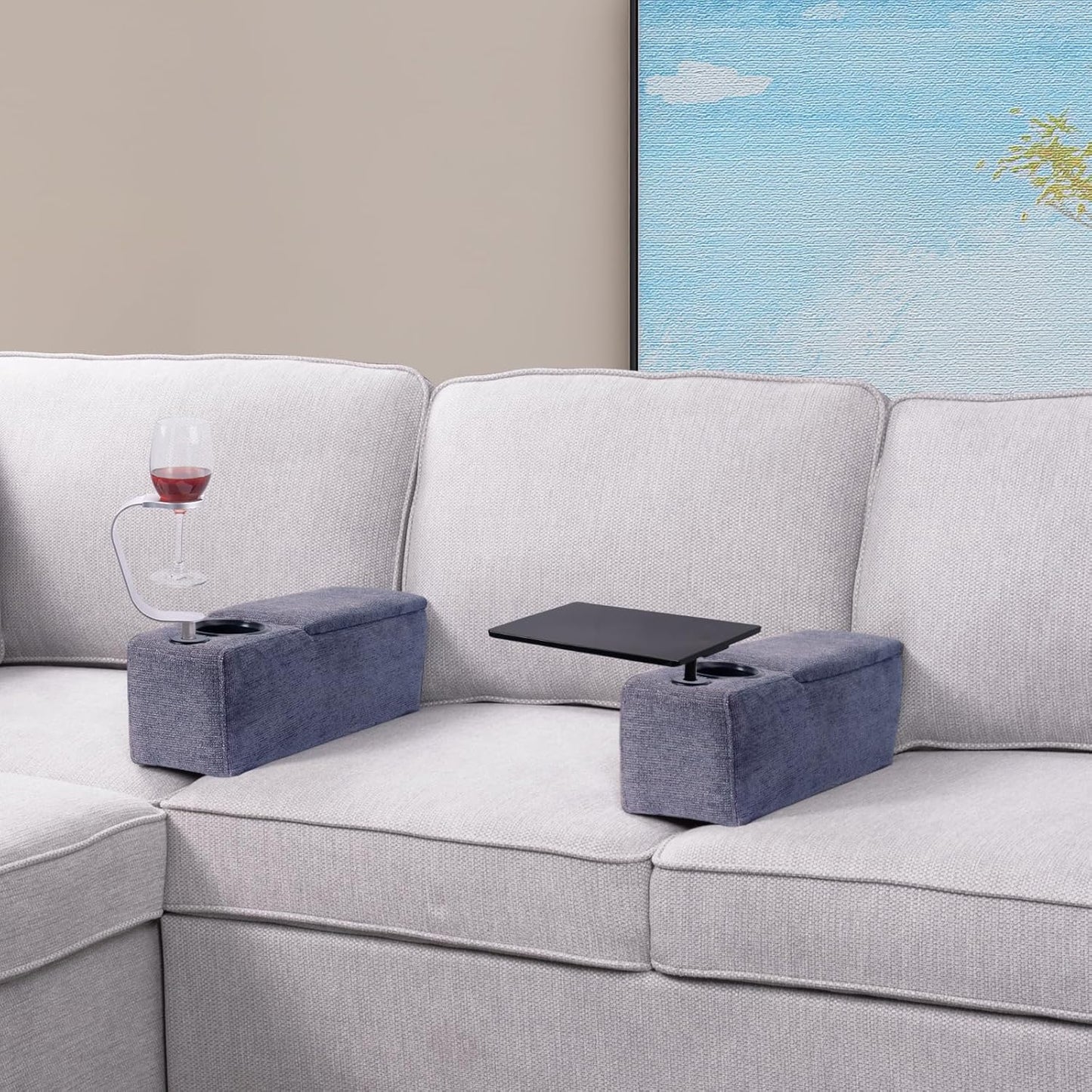 Multifunctional Sofa Armrest Couch Caddy Wireless Charging Stand, Phone Holder, Removable Organizer, Navy