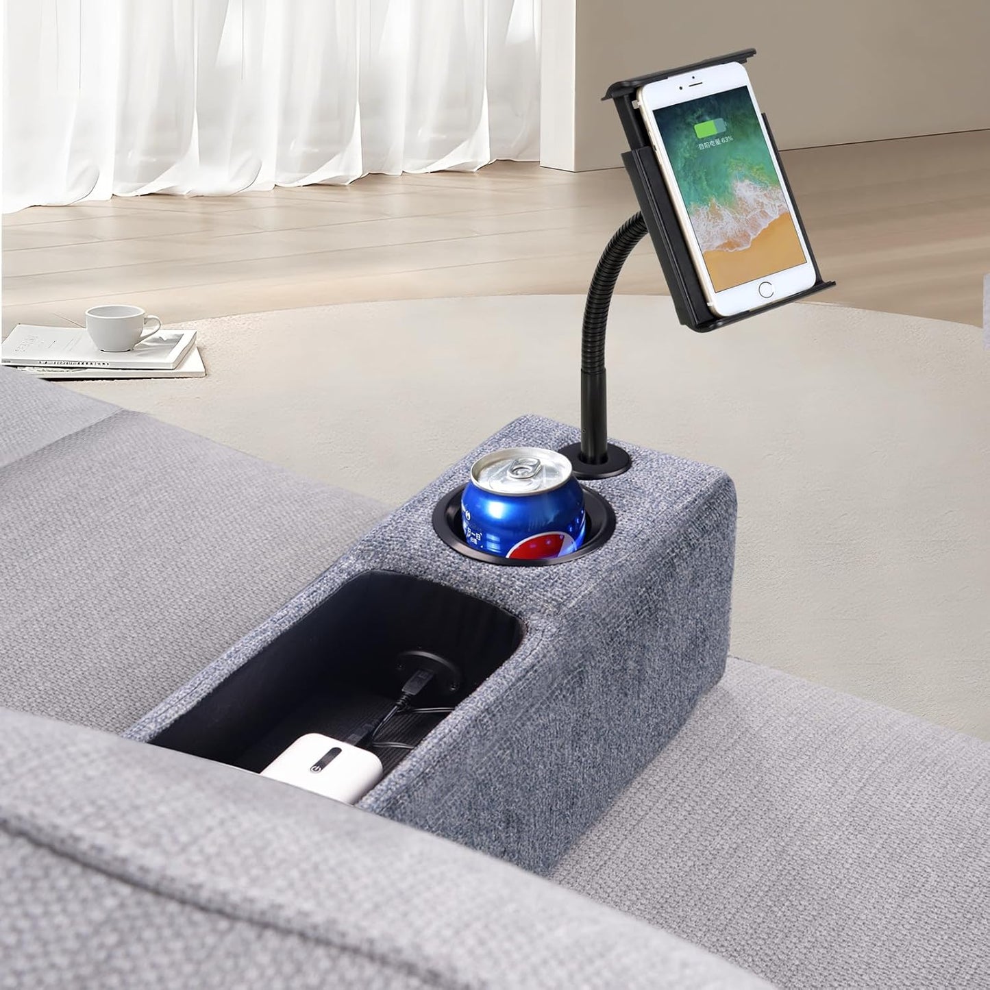 Multifunctional Sofa Armrest Couch Caddy Wireless Charging Stand, Phone Holder, Removable Organizer, Navy