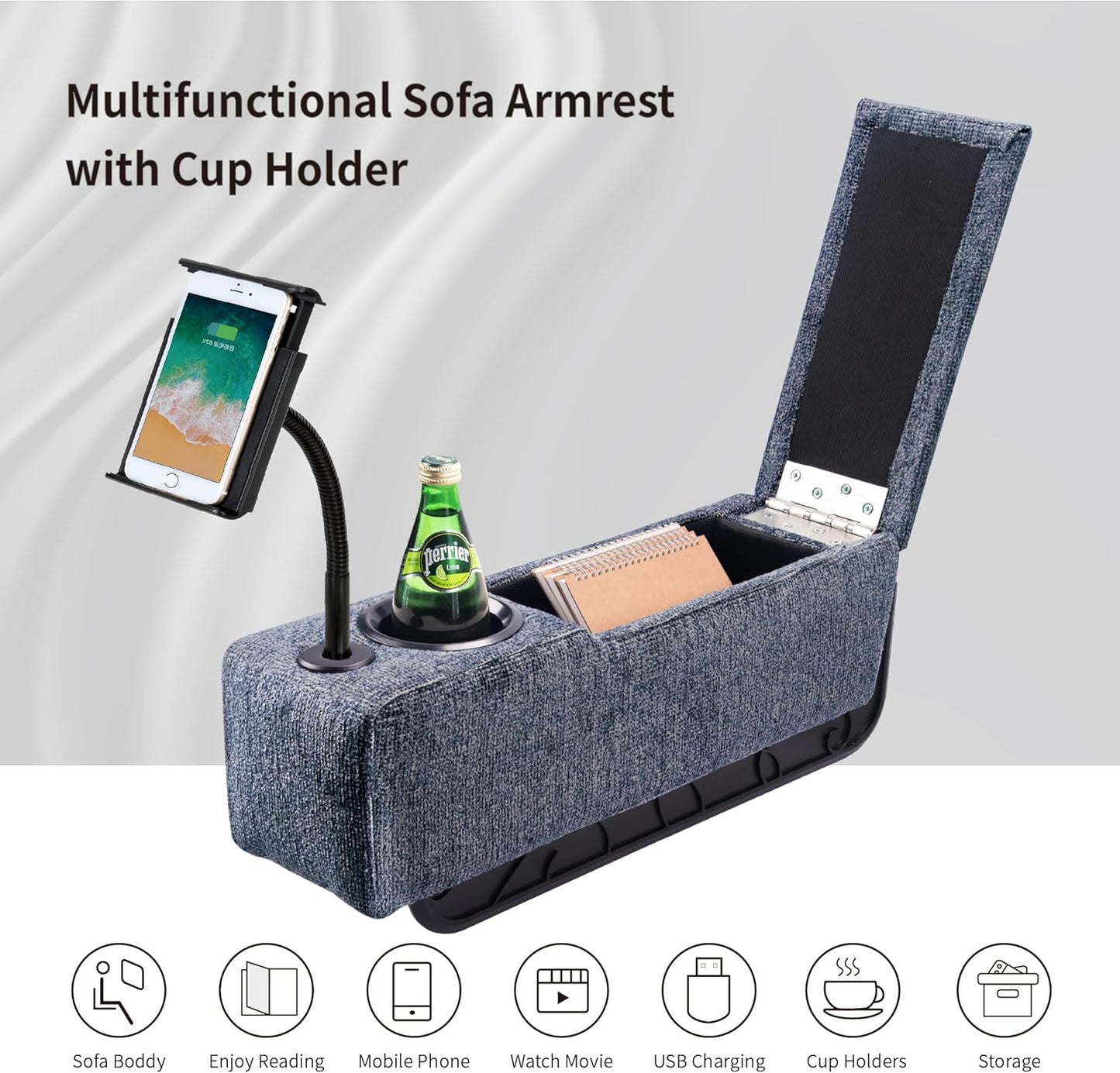 Multifunctional Sofa Armrest Couch Caddy Wireless Charging Stand, Phone Holder, Removable Organizer, Navy