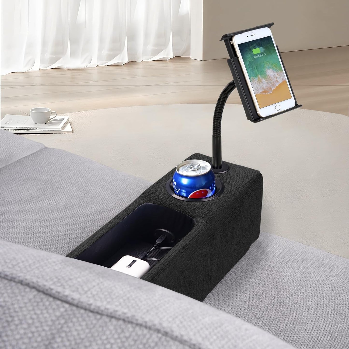 Multifunctional Sofa Armrest Couch Caddy Wireless Charging Stand with Phone Holder, Removable Organizer, Midnight