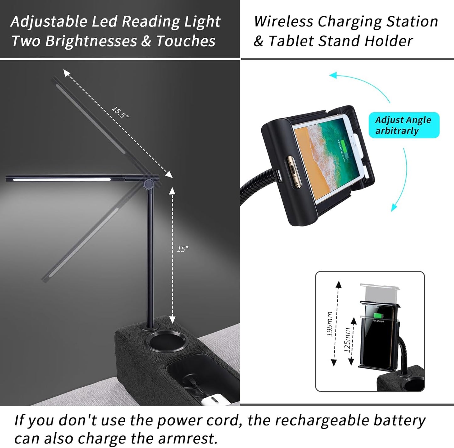 Multifunctional Sofa Armrest Couch Caddy Wireless Charging Stand with Phone Holder, Removable Organizer, Midnight