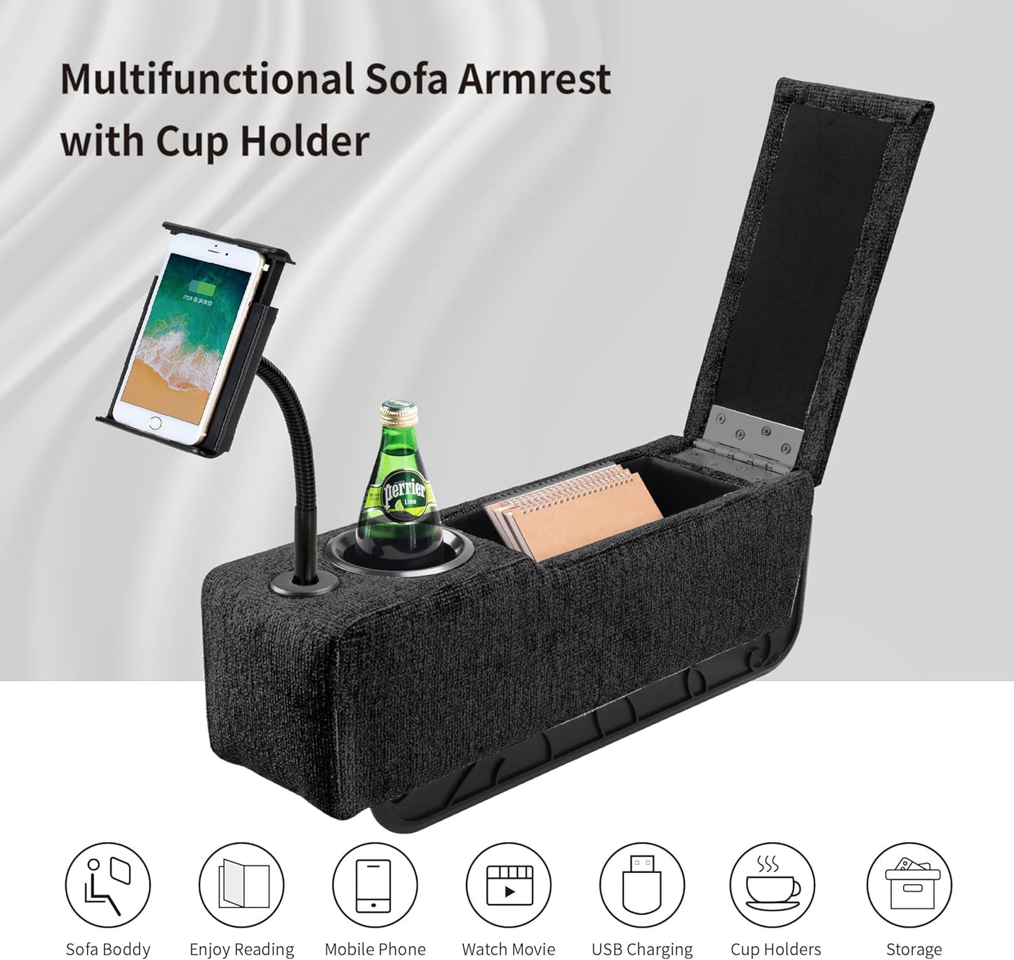 Multifunctional Sofa Armrest Couch Caddy Wireless Charging Stand with Phone Holder, Removable Organizer, Midnight