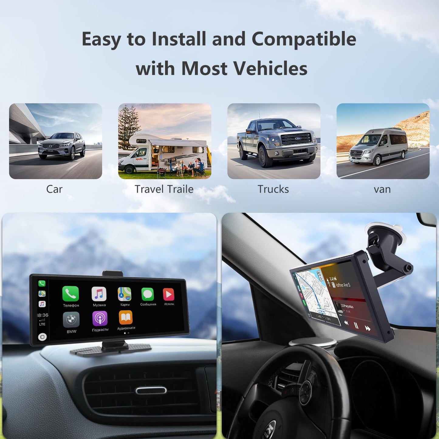 Wireless CarPlay and Android Auto Portable Car Display 10.26' , Bluetooth and Wireless FM Transmitter