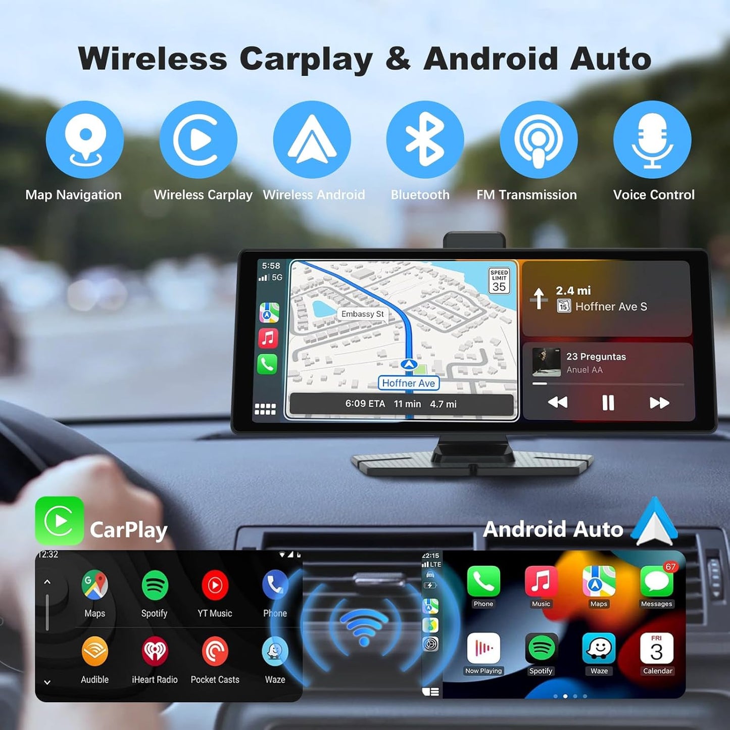 Wireless CarPlay and Android Auto Portable Car Display 10.26' , Bluetooth and Wireless FM Transmitter
